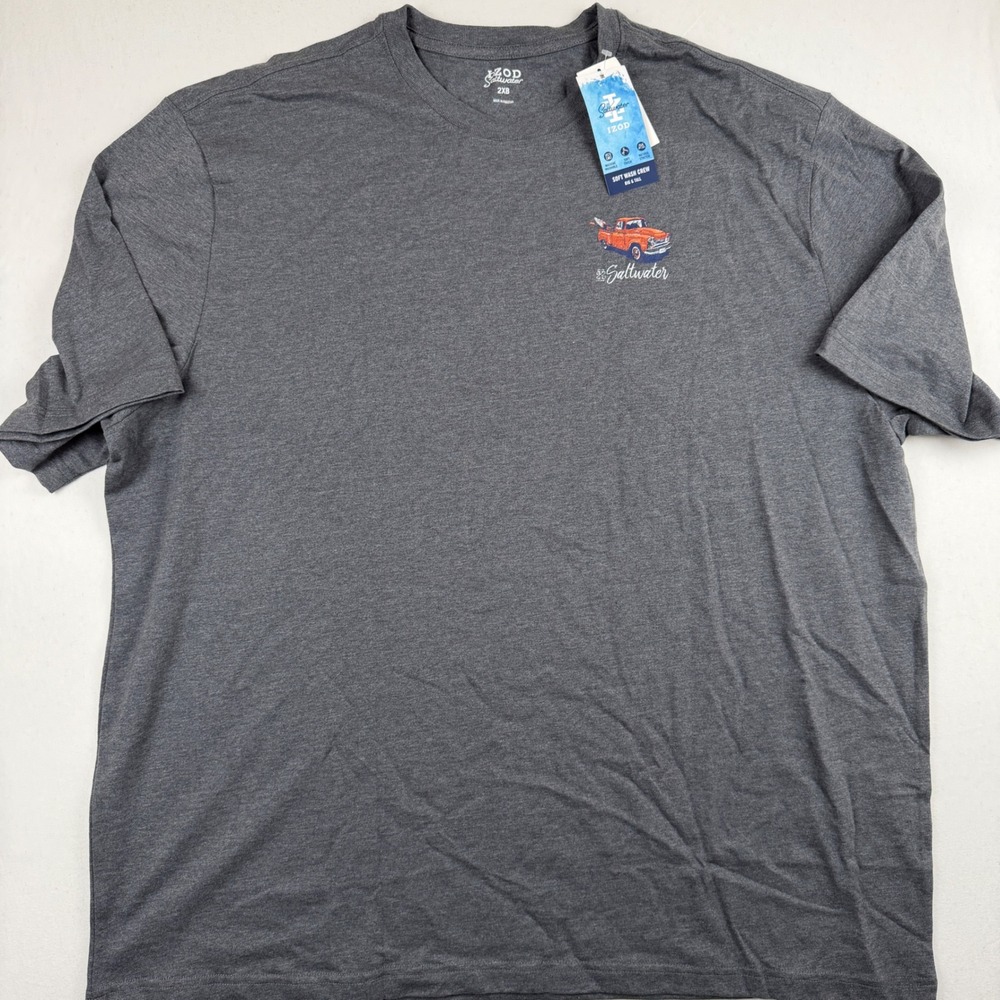 IZOD Saltwater Mens 2XB T-Shirt Gray Short Sleeve Orange Truck Surfboard NWT